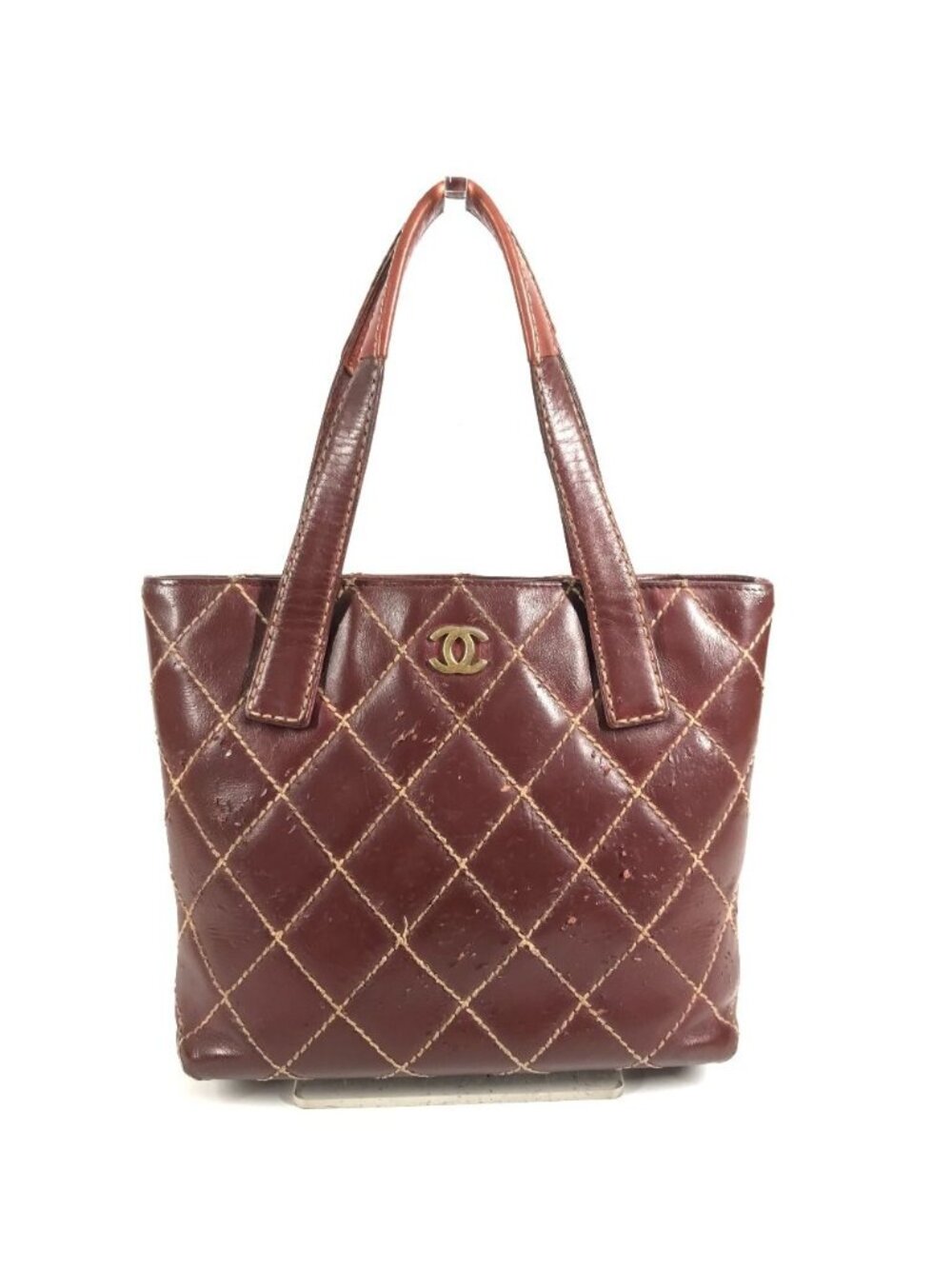 Chanel Tote Wild Stitch CC Logo Leather Wine